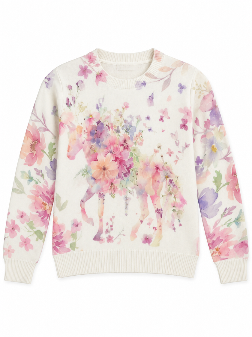 White & Pink floral horse print women's sweater by Purple Imli – product shot