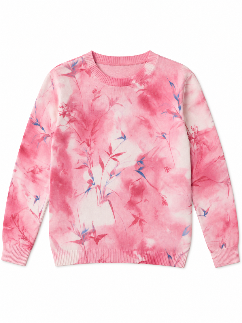Pink & White watercolour tie-dye women's sweater by Purple Imli – product shot