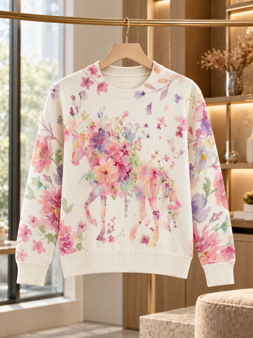 Close-up detail of white & pink floral horse print women's sweater by Purple Imli
