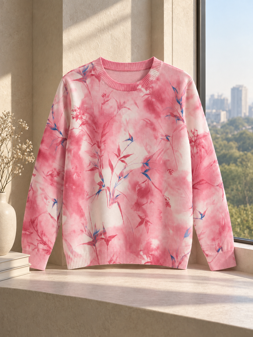 Close-up detail of pink & white watercolour tie-dye women's sweater by Purple Imli