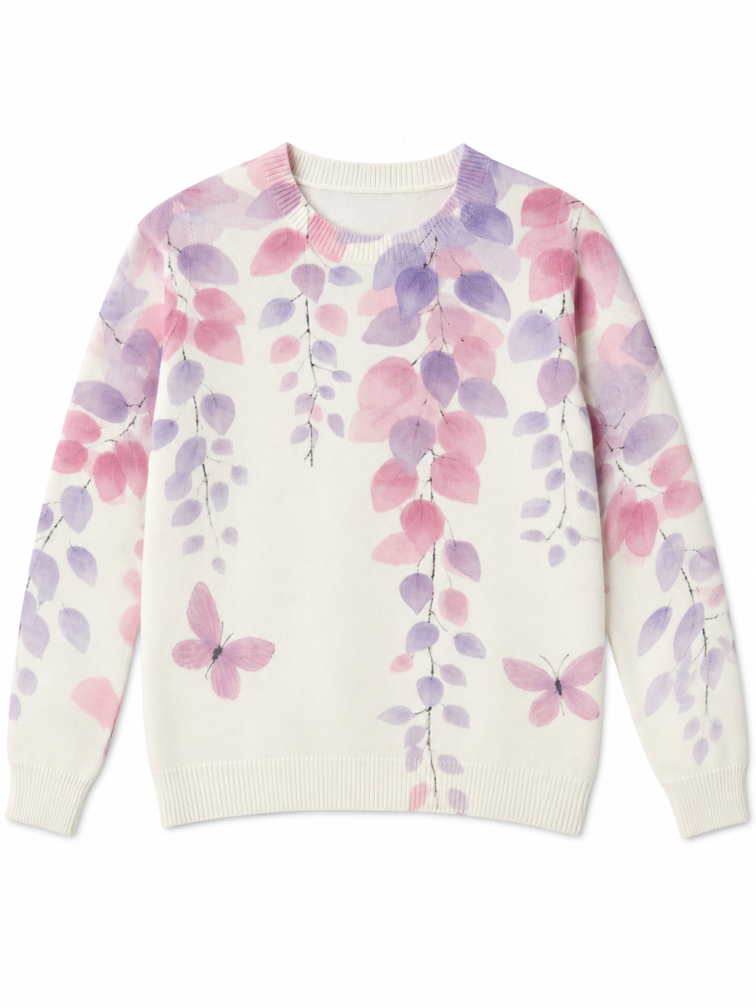White & Purple lilac wisteria butterfly women's sweater by Purple Imli – product shot