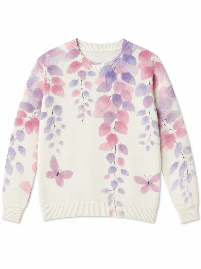 White & Purple lilac wisteria butterfly women's sweater by Purple Imli – product shot
