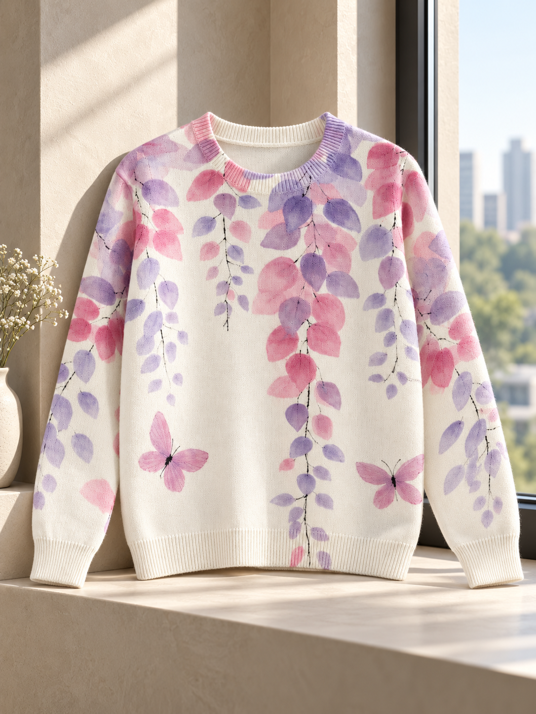 Close-up detail of white & purple lilac wisteria butterfly women's sweater by Purple Imli