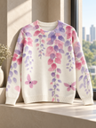 Close-up detail of white & purple lilac wisteria butterfly women's sweater by Purple Imli