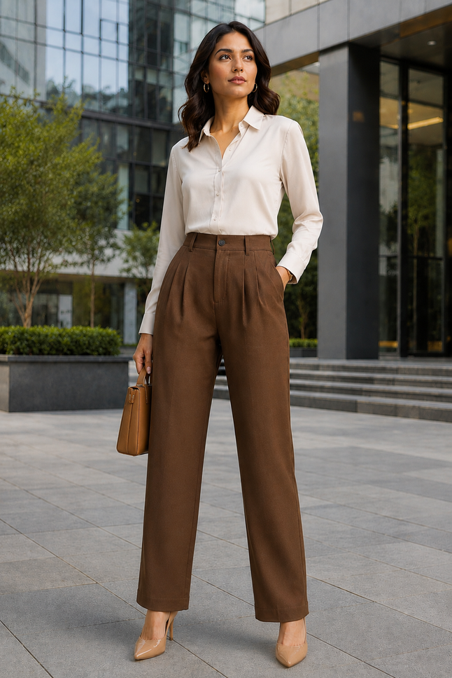 Brown Korean Trousers for Women by Purple Imli