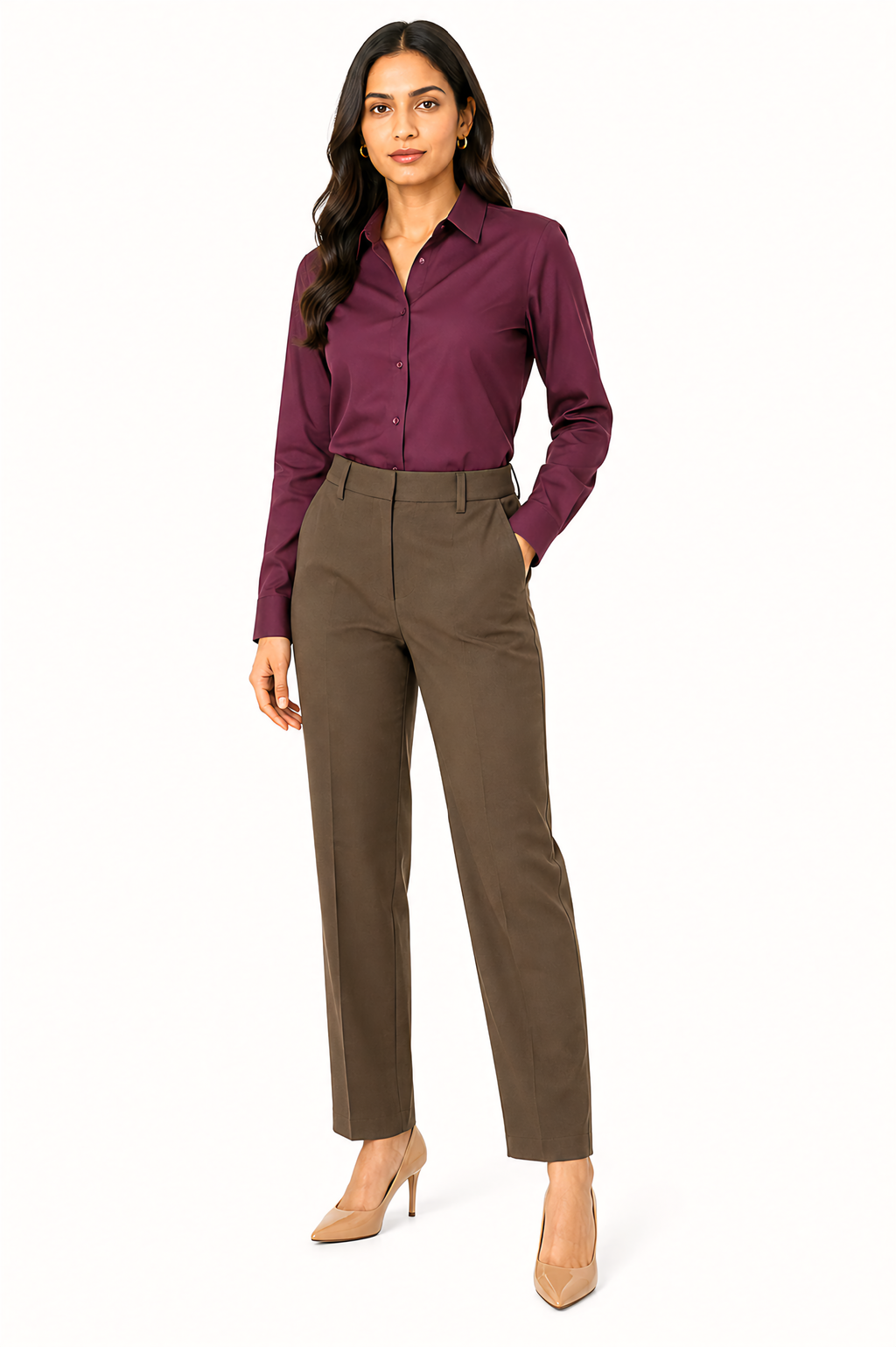 Wine Shirt with Taupe Beige Trouser Combo for Women – Purple Imli