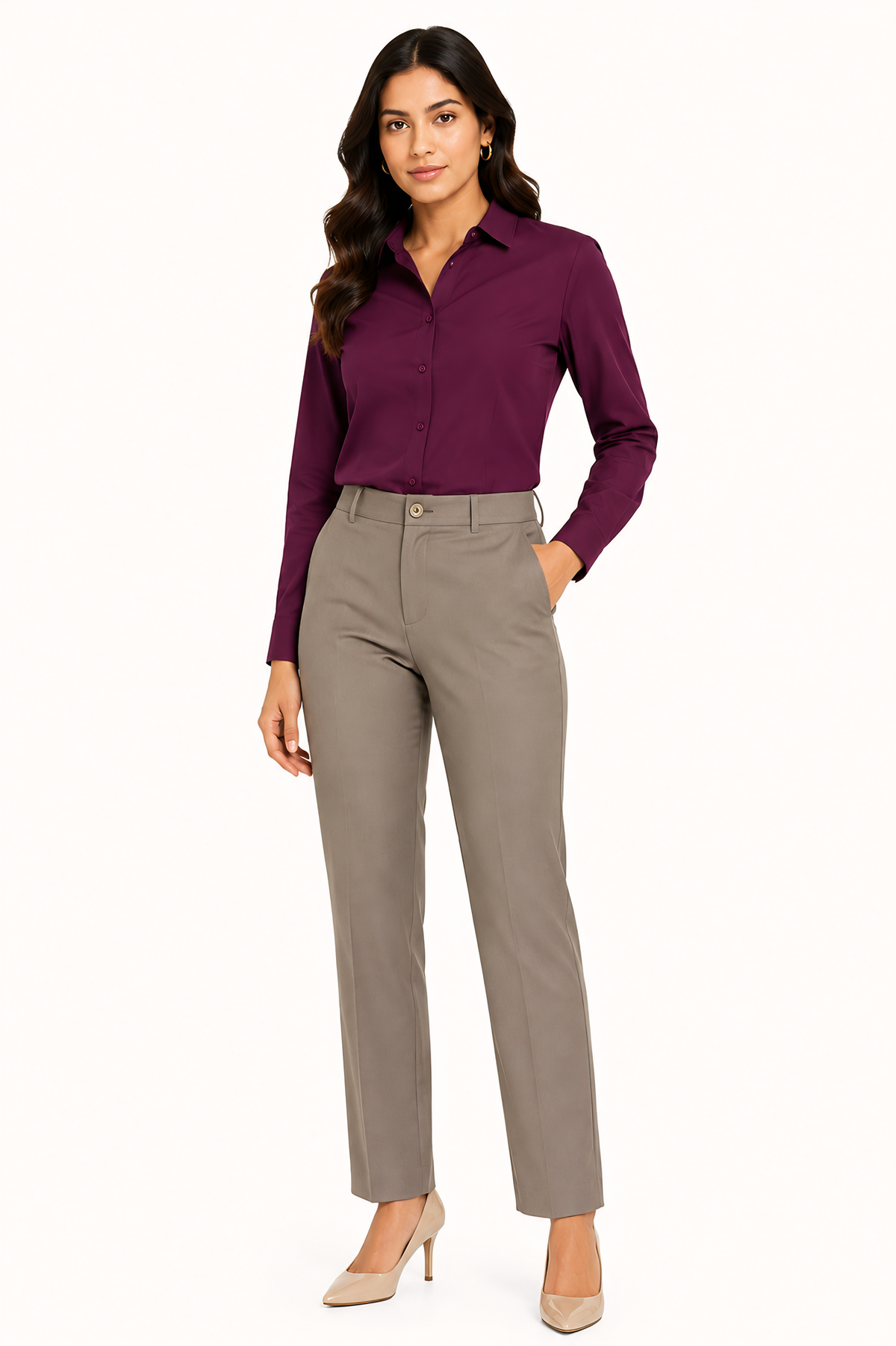 Wine Shirt with Taupe Beige Trouser Combo for Women – Purple Imli